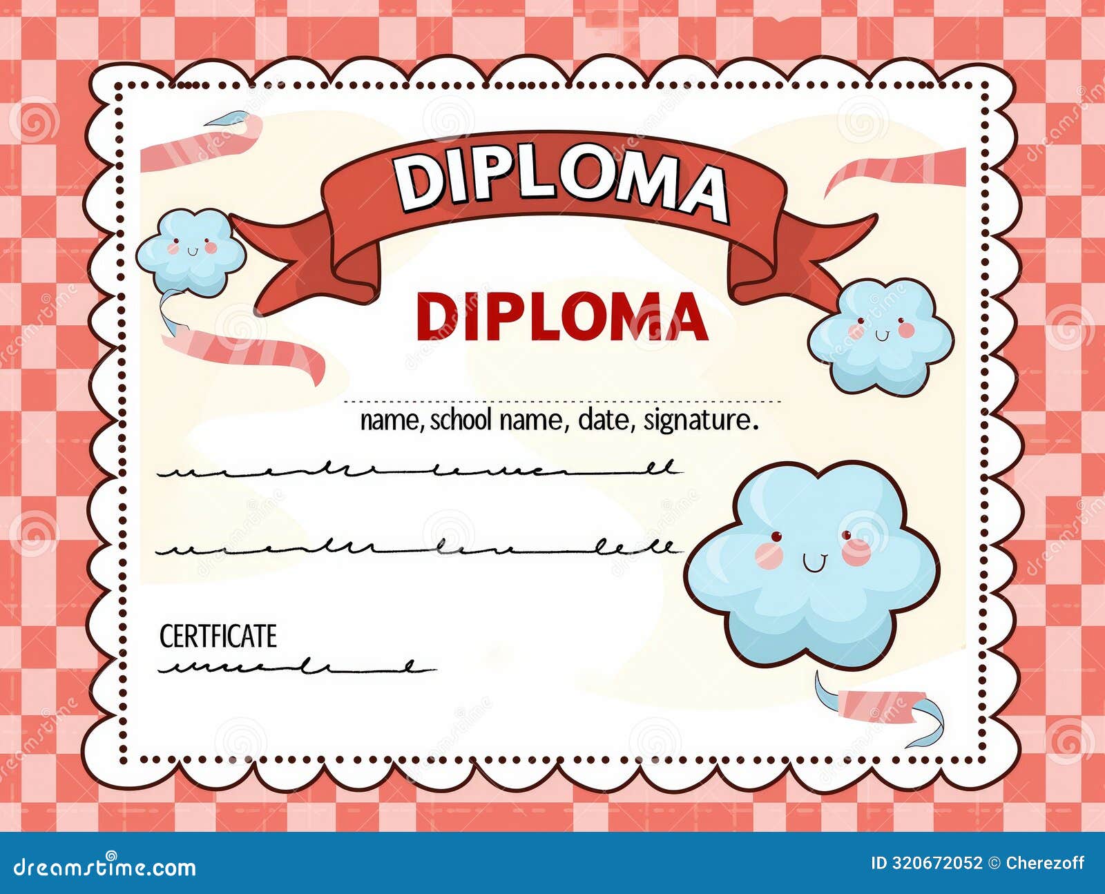 Cute Diploma Certificate with Cloud Illustrations Stock Photo - Image ...