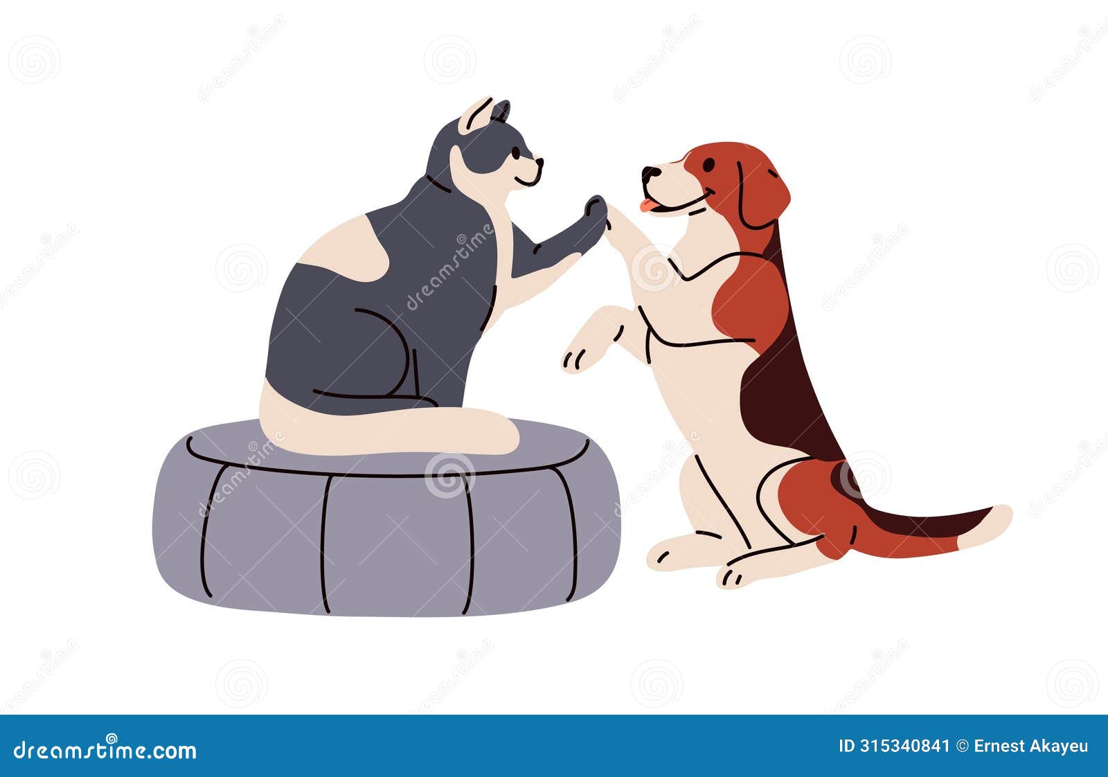 cute dog and cat friends giving high five. pets communication concept. smart canine and feline animals greeting with paw