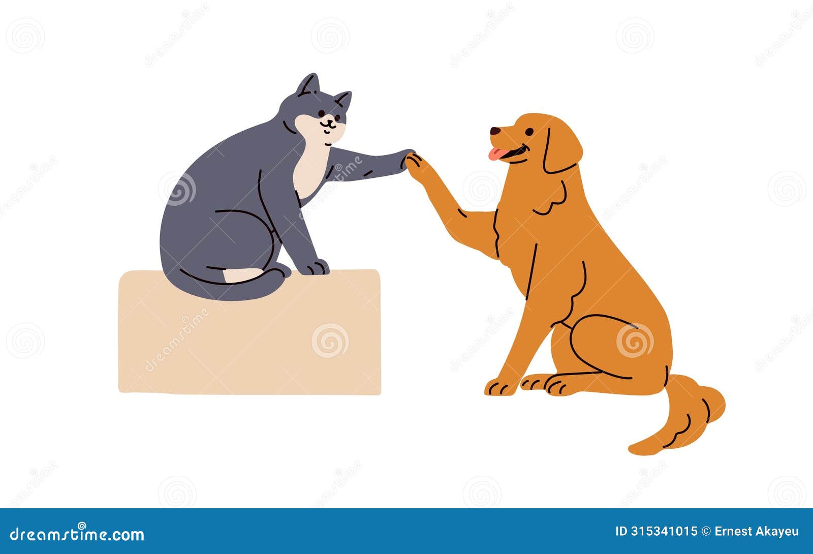 cute dog and cat giving high five, greeting with paws. smart pets communication. canine and feline animal friends. kitty