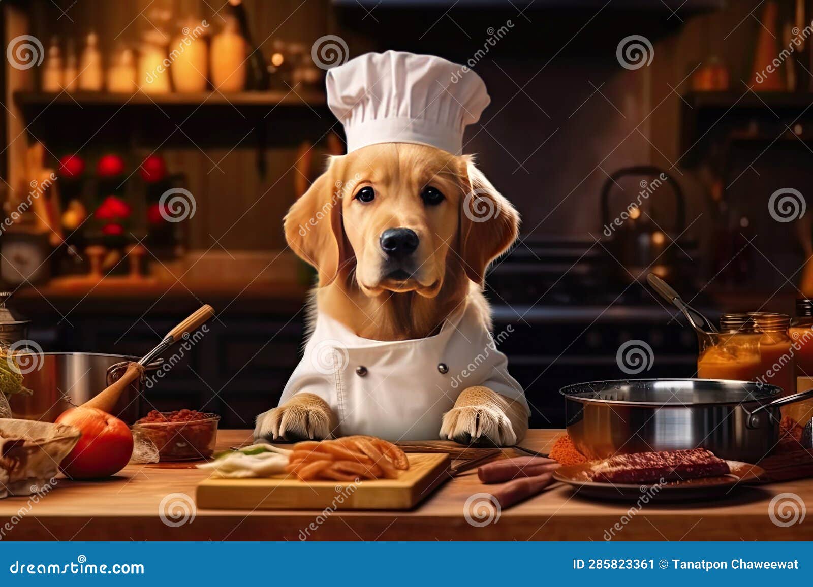 Cute Dog Golden Retriever Chef with Costume Ready To Cooking for Dinner ...