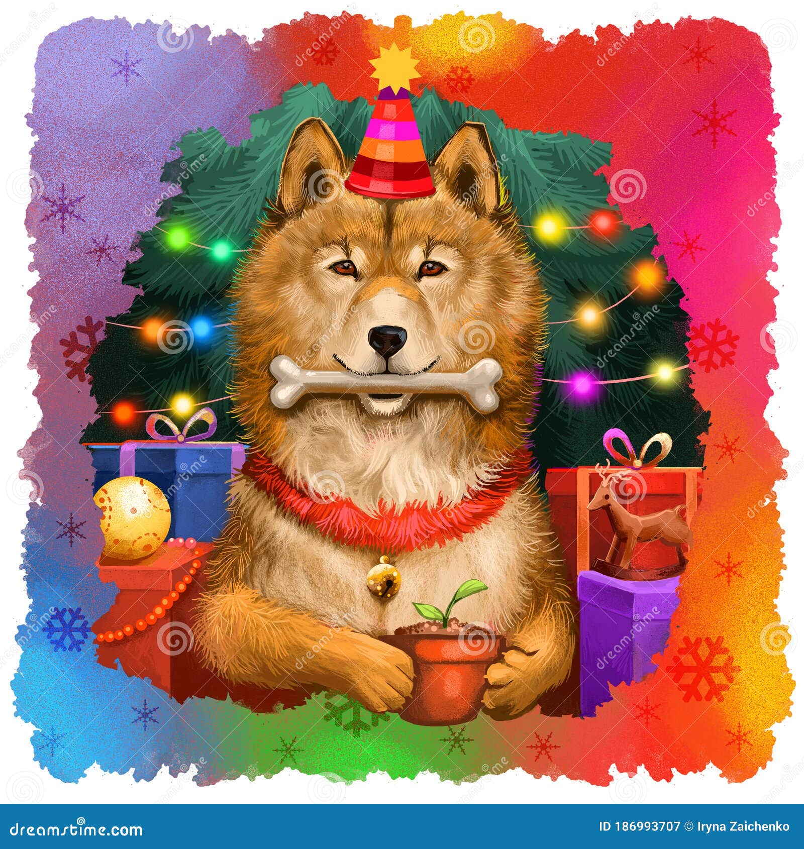 Cute Dog In Holiday Hat And Bone In Mouth Year Of Dog By Chinese Horoscope Merry Christmas Happy New Year Greeting Card Design Stock Illustration Illustration Of Celebration Holiday 186993707