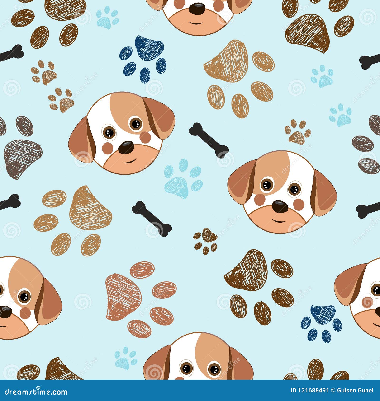 Cute Dog, Paw Print and Bone Seamless Pattern Stock Vector