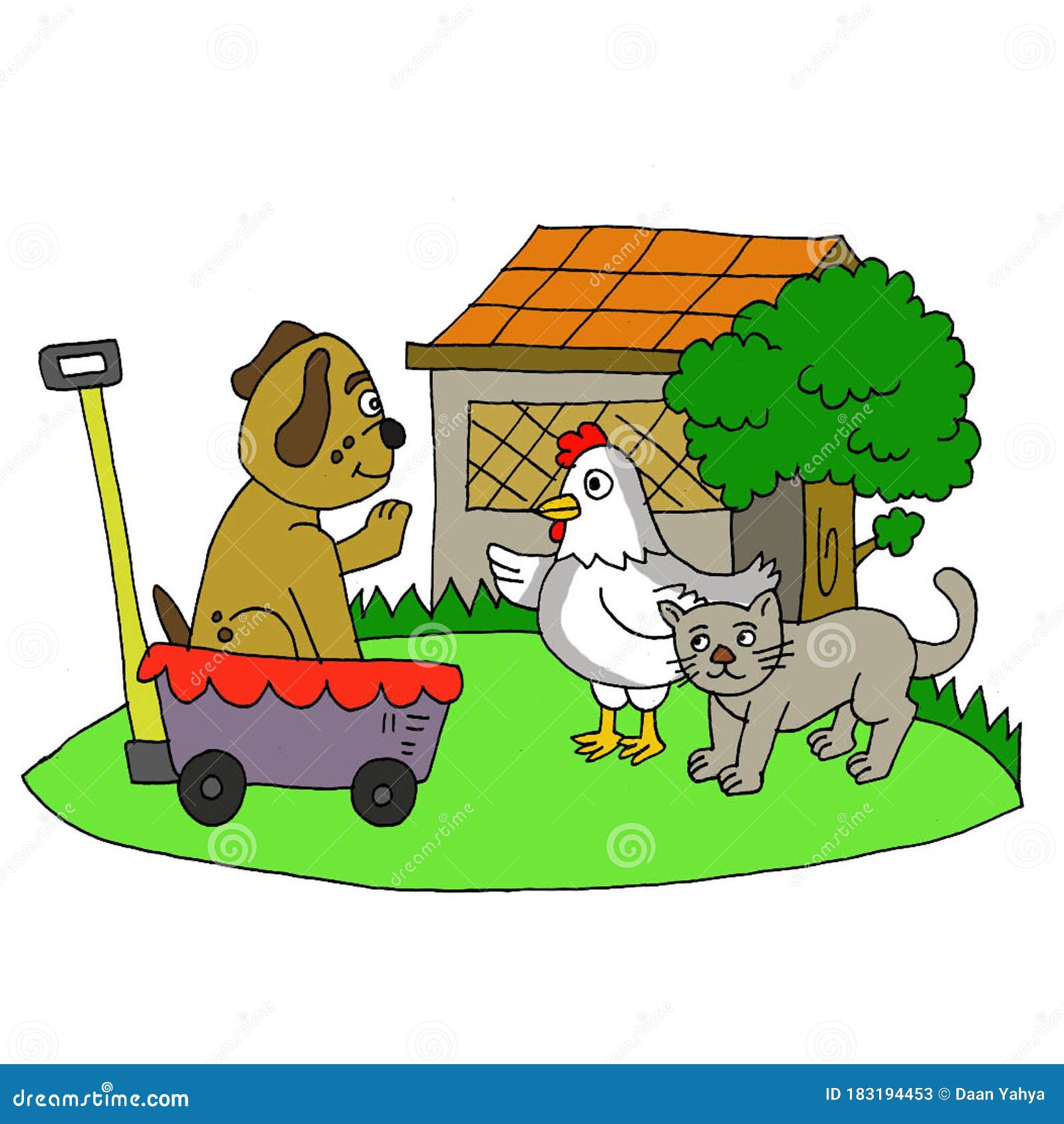 Cute Dogs are Playing with Chickens and Cats Cartoon Illustration Stock  Illustration - Illustration of human, dogs: 183194453