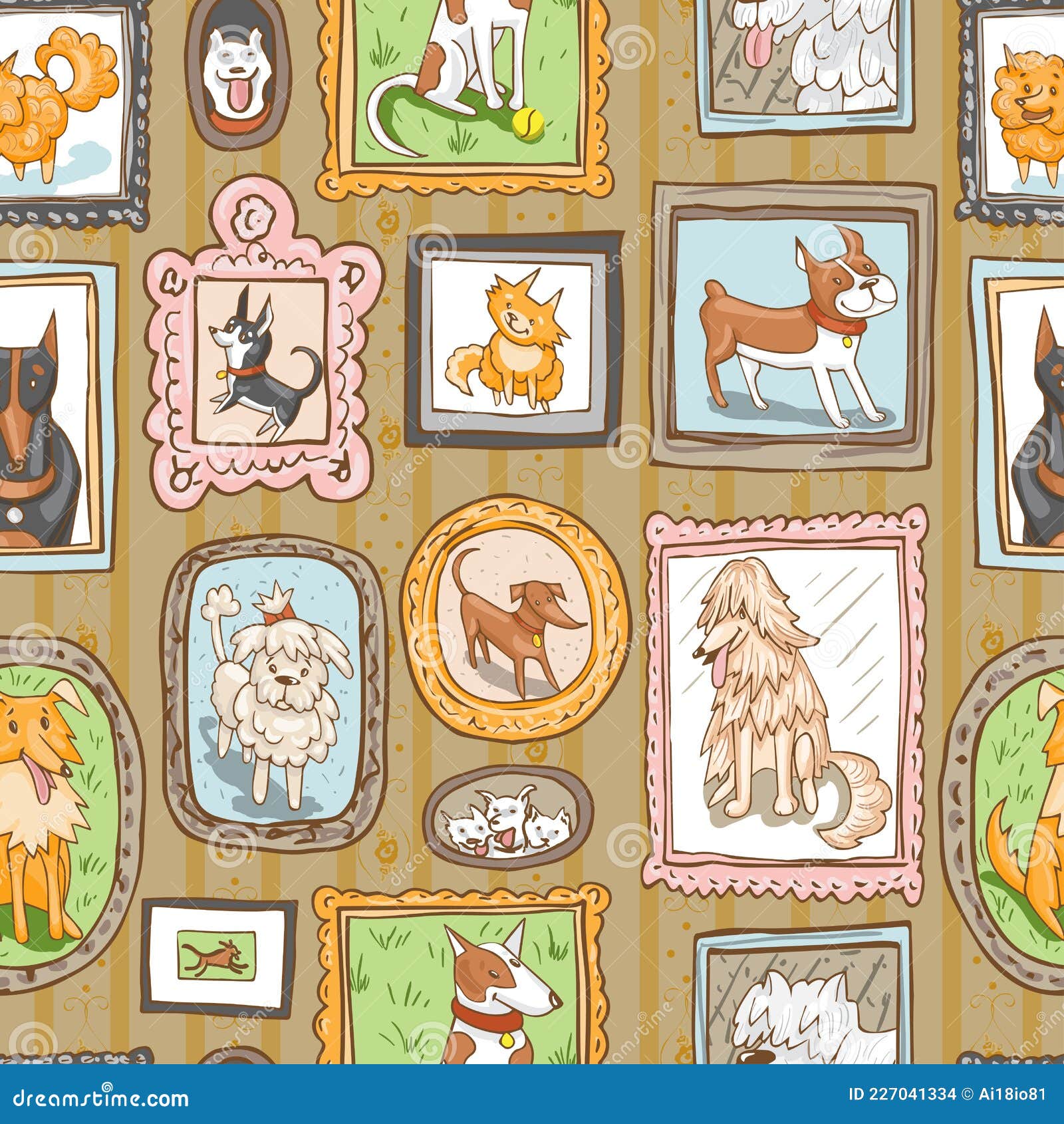 Cute Dogs Retro Portraits Seamless Pattern. Vintage Vector Background