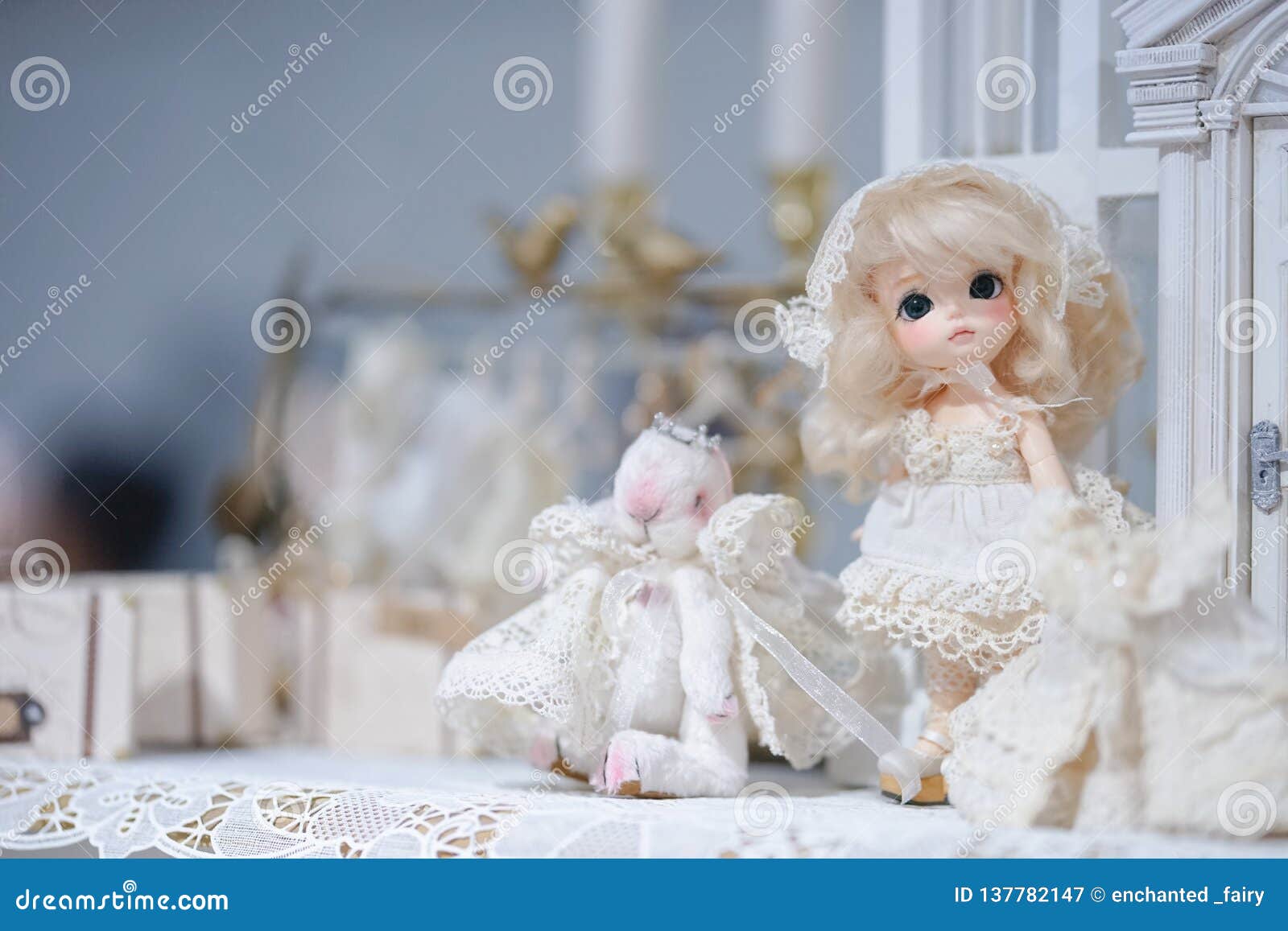 Cute Doll on Display. Kawaii Innocent Girl with Blond Hair in a ...