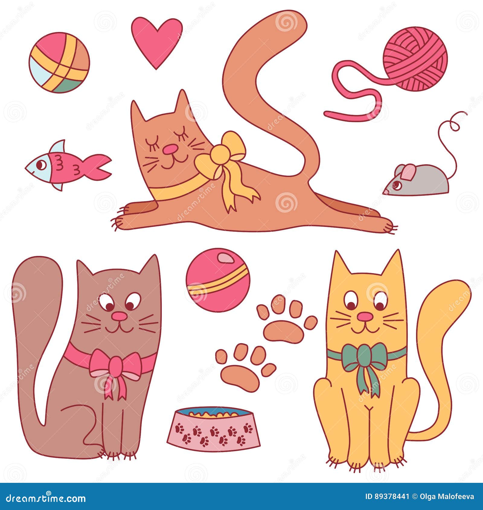 Cute Doodle Cats with Toys Vector Set Stock Vector Illustration of