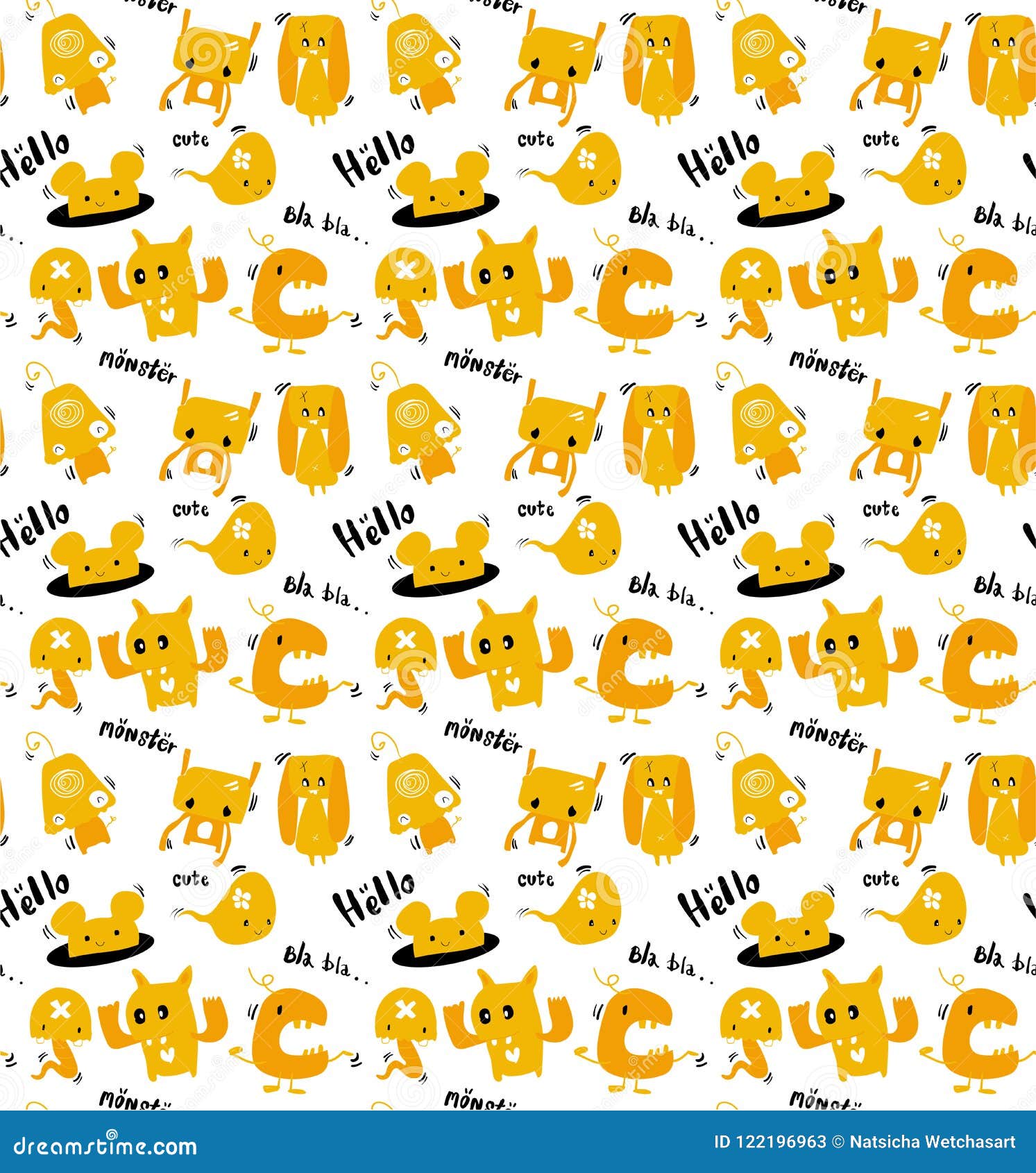 Cute Doodle Orange Monsters Pattern Seamless Stock Vector ...