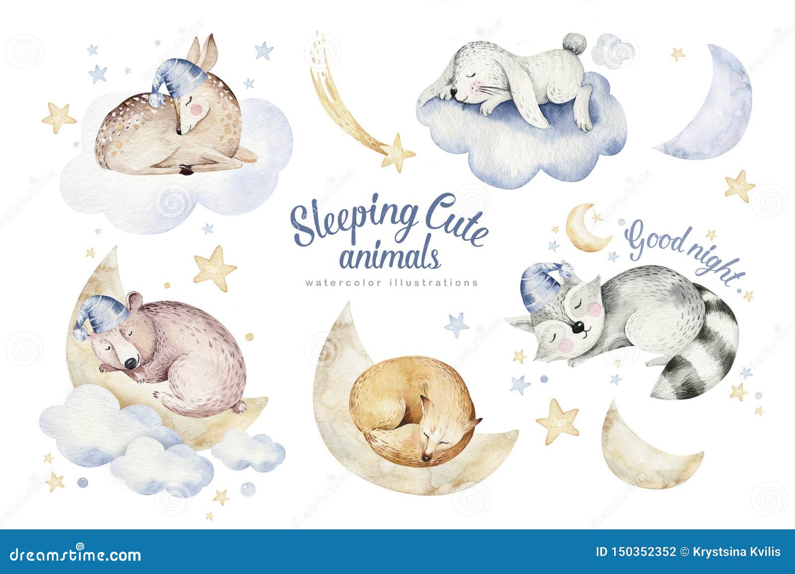 Cute Dreaming Cartoon Animal Deer, Bear Hand Drawn Watercolor Illustration.  Sleeping Rabbit Charecher Kids Nursery Wear Stock Illustration -  Illustration of color, cloud: 150352352