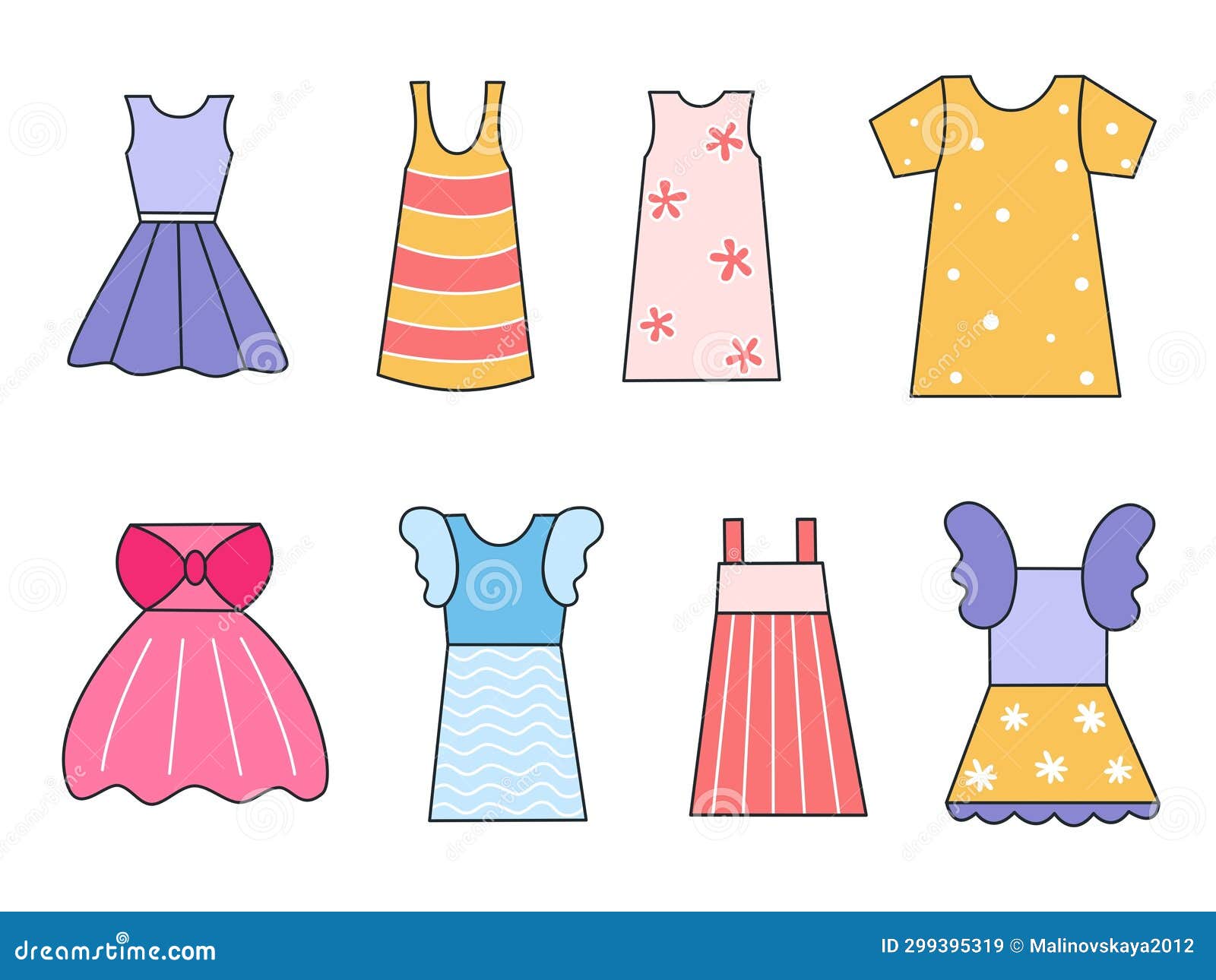 Cute Dress for Girls Hand Drawn Set Stock Illustration - Illustration ...