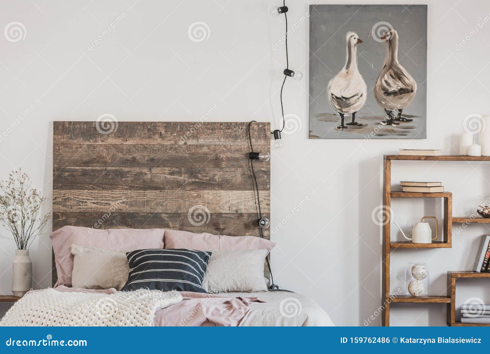 Cute Ducks On Grey Oil Painting In White Rustic Bedroom