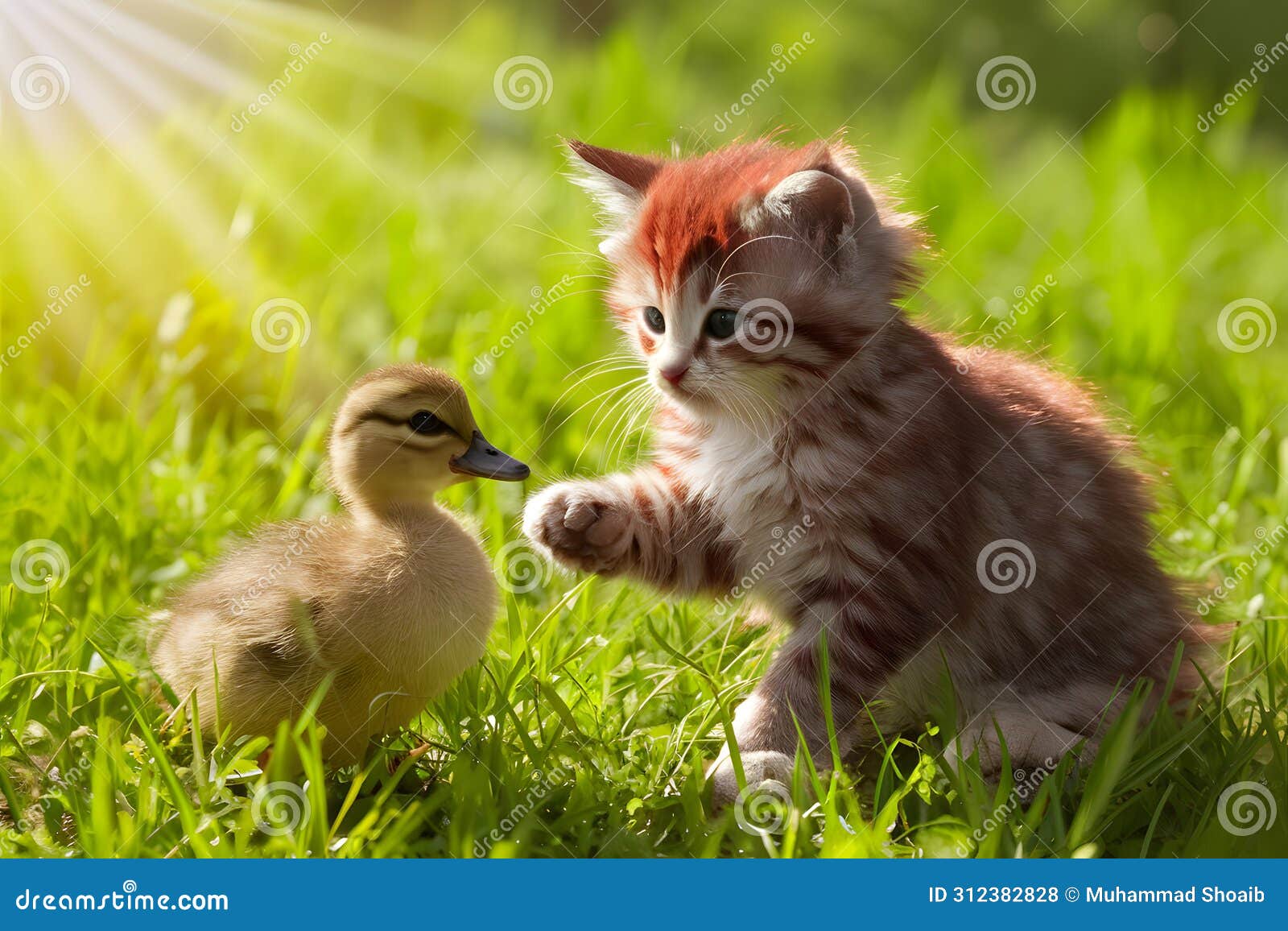 cute duo red kitten befriends little duckling in sunny field