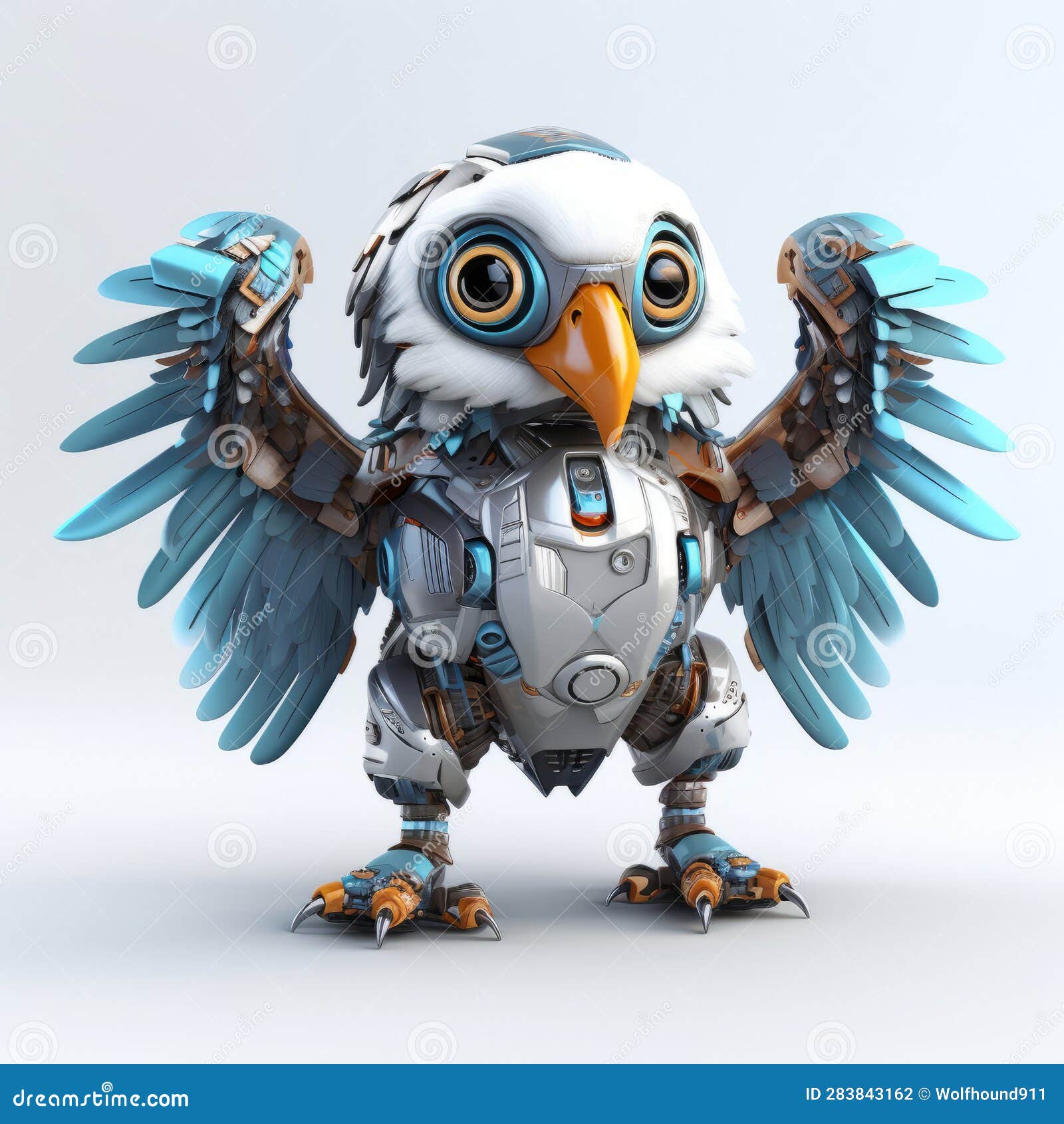cute eagle robot, robotic bird  over white background. ai generated