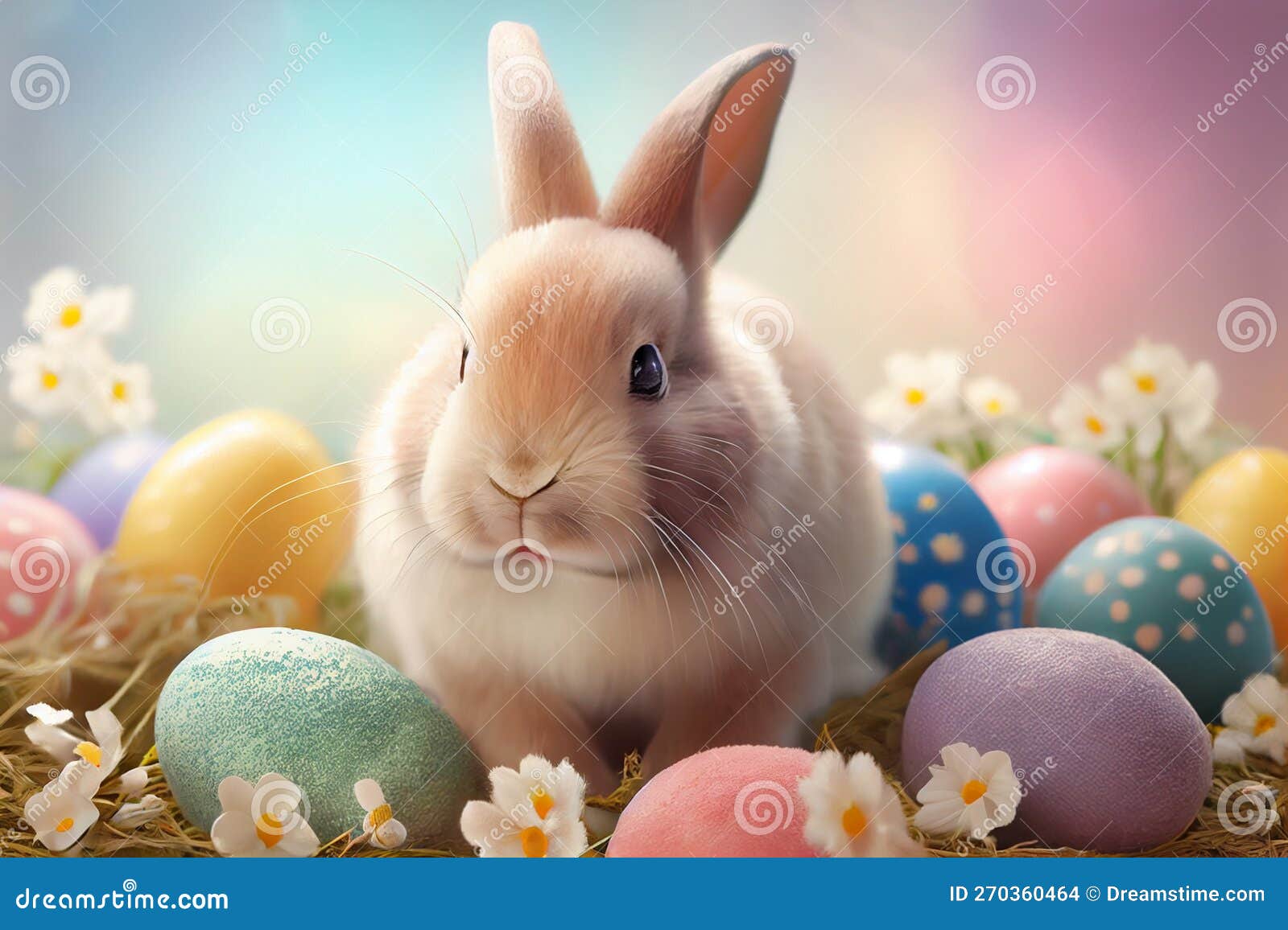 cute easter bunny with easter eggs, pastel colorful background, ai generative