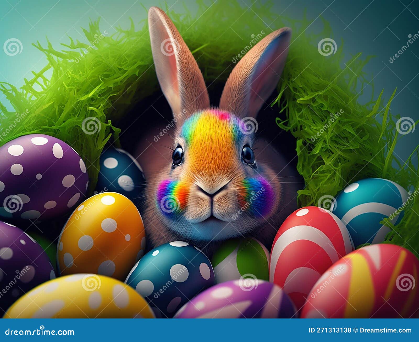 Cute Easter Bunny in the Middle of Easter Eggs in Vibrant Color Tones ...