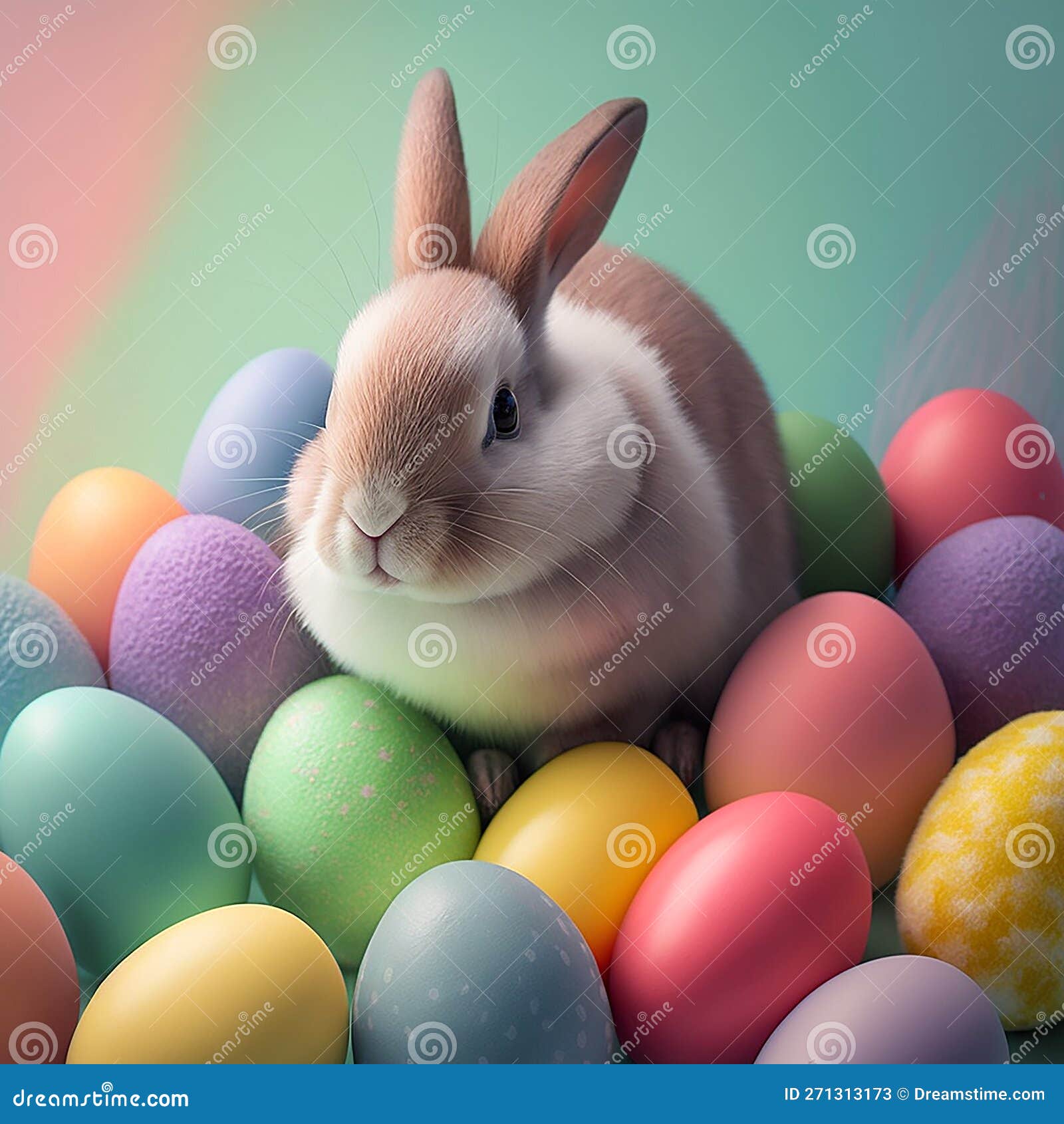Cute Easter Bunny in the Middle of Small Easter Eggs in Pastel Tones ...