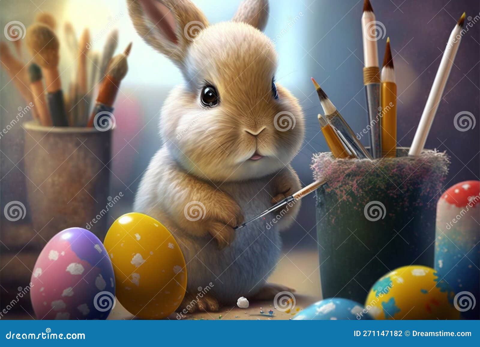 Cute Easter Bunny Painting Eggs Stock Illustration Illustration of