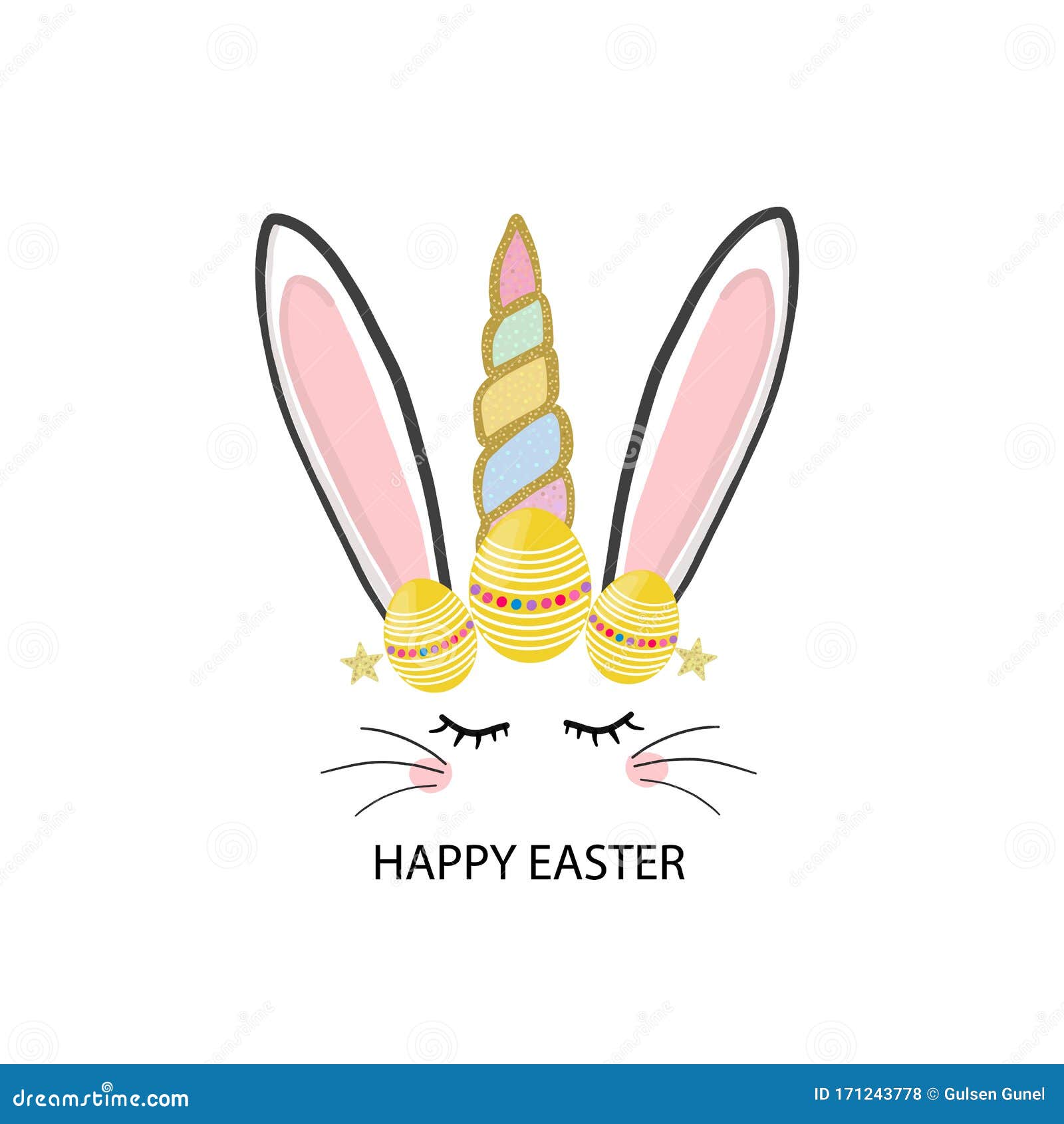 Cute Easter Bunny Unicorn Vector with Easter Eggs. Happy Easter