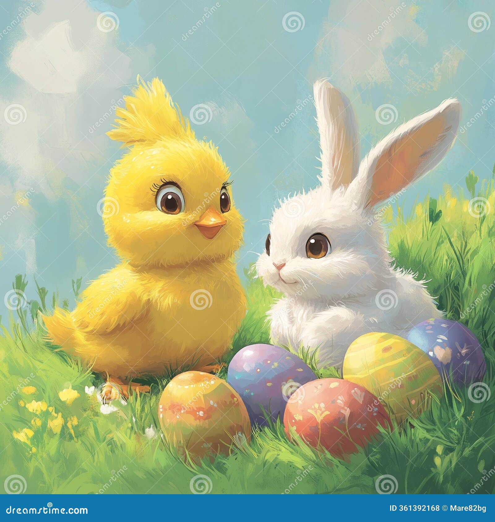 cute easter chick with colorful eggs in grass â vintage cartoon style