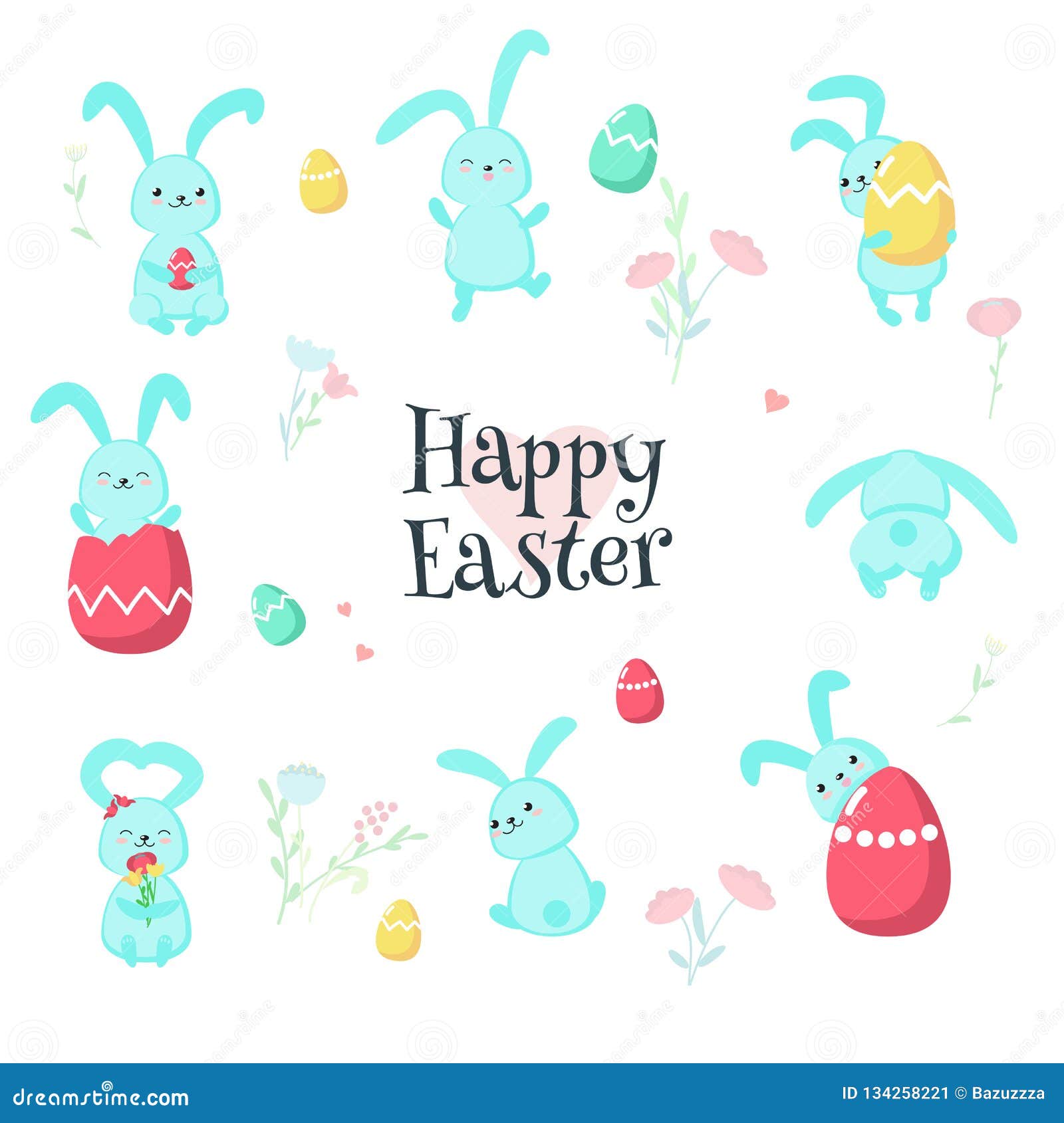 Cute Easter Rabbits with Eggs Vector Isolated Illustration Stock Vector ...