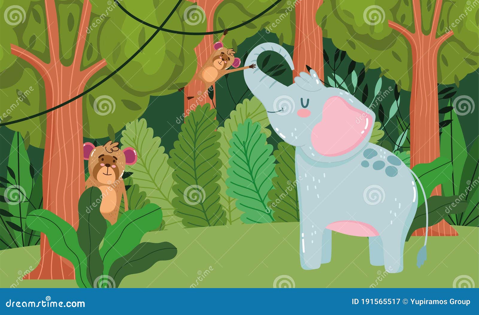 Cute Elephant and Monkeys Animal Grass Forest Nature Wild Cartoon Stock  Vector - Illustration of jungle, adorable: 191565517