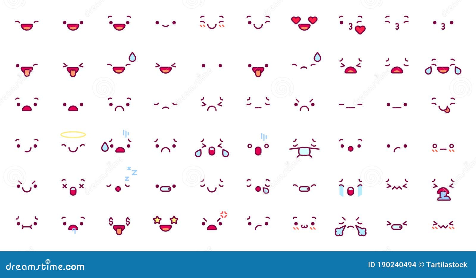 cute emoticon emoji faces. cartoon kawaii face expression in japanese anime character. manga emotion kiss, cry and angry