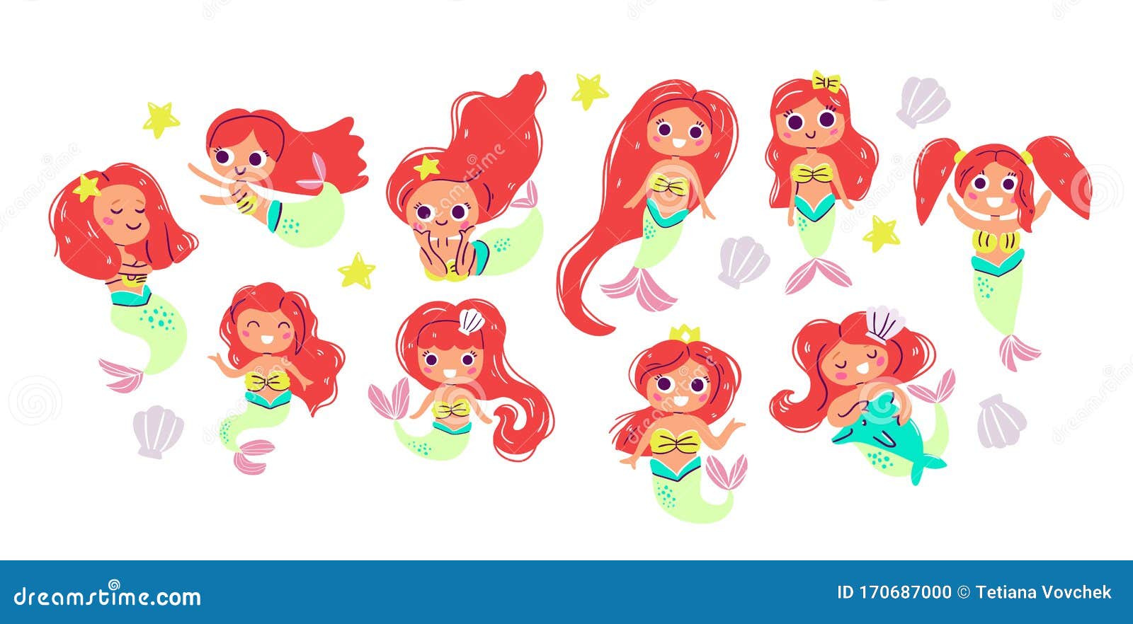 Cute European Red Hair Mermaids Illustrations Stock Vector