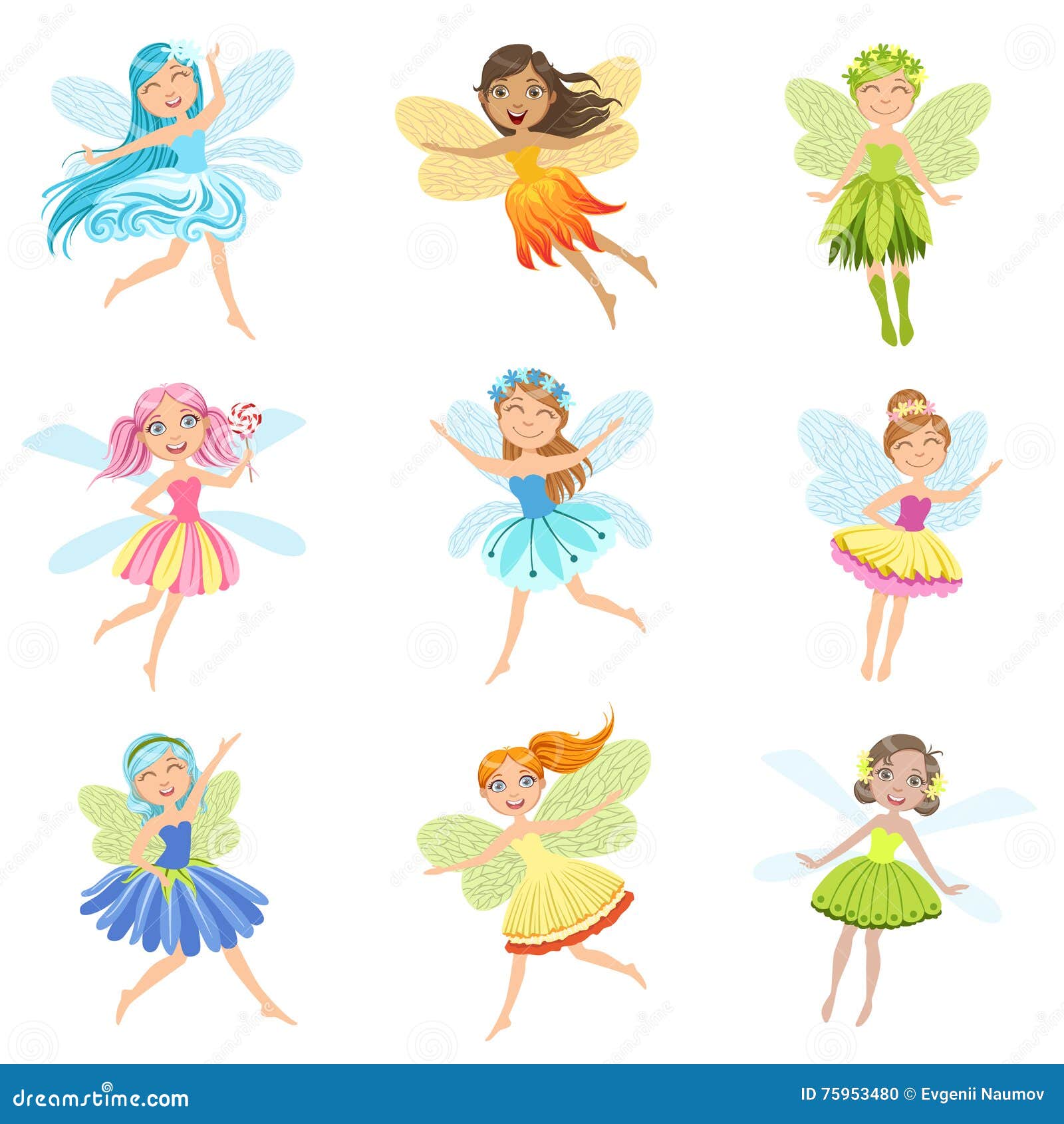 Cute Fairies in Pretty Dresses Girly Cartoon Characters Collection ...