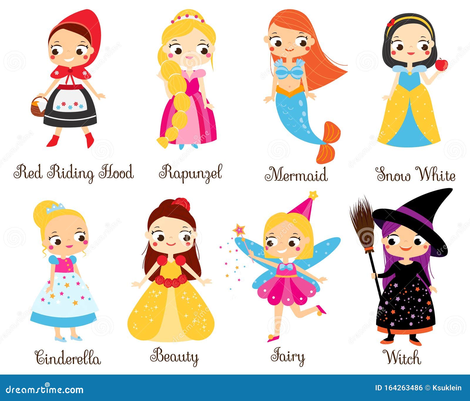 Cute Fairy Tales Characters. Snow White, Red Riding Hood, Rapunzel,  Cinderella and Other Princess in Cartoon Style Stock Vector - Illustration  of little, clothes: 164263486