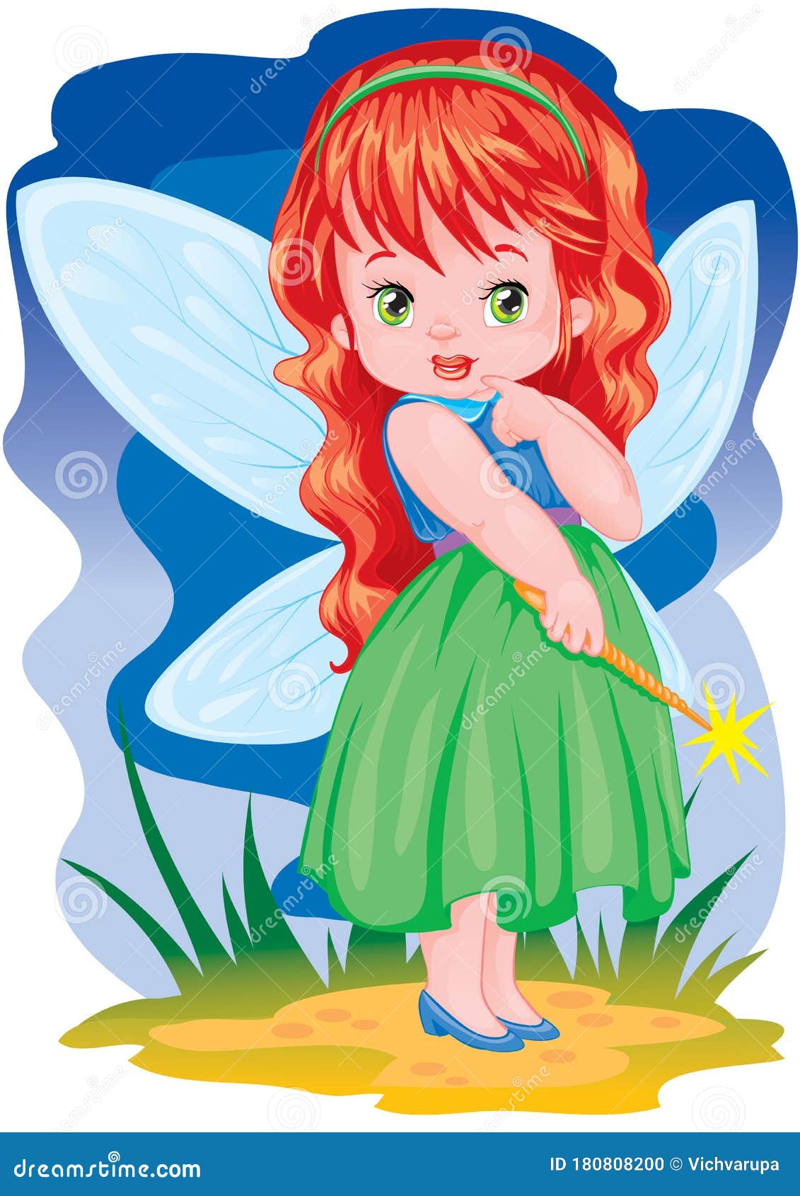 Cute Fairy with Wings, in a Green Dress with Red Hair, with a Wand ...