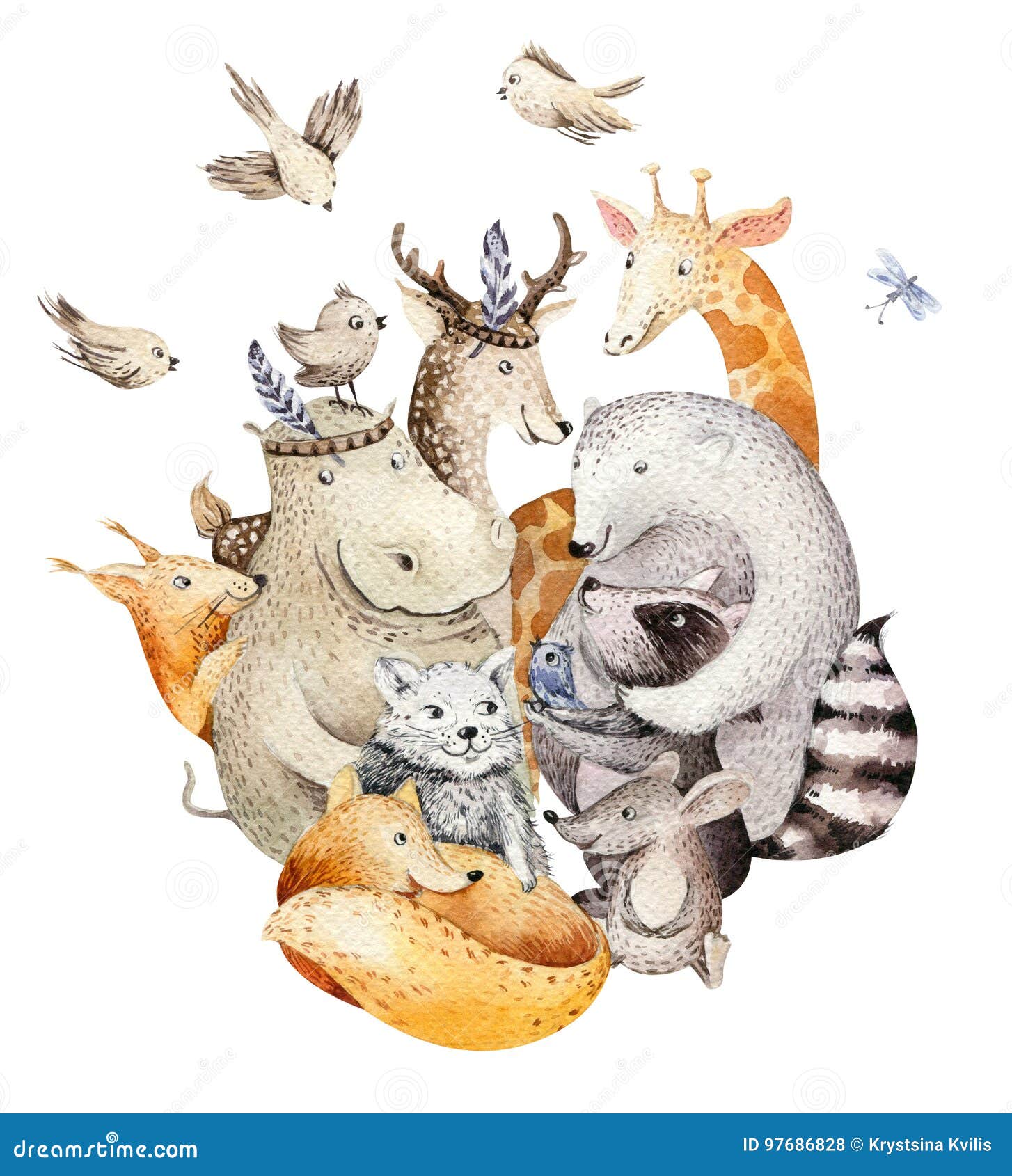cute family baby fox, deer animal nursery cat, giraffe, squirrel, and bear  . watercolor boho raccon