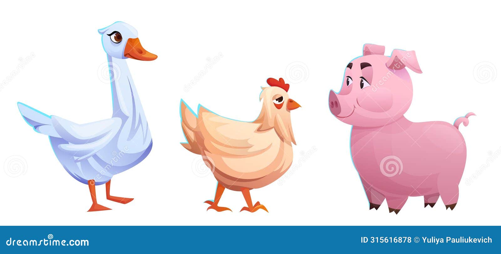 cute farm animals - goose, chicken and pig.
