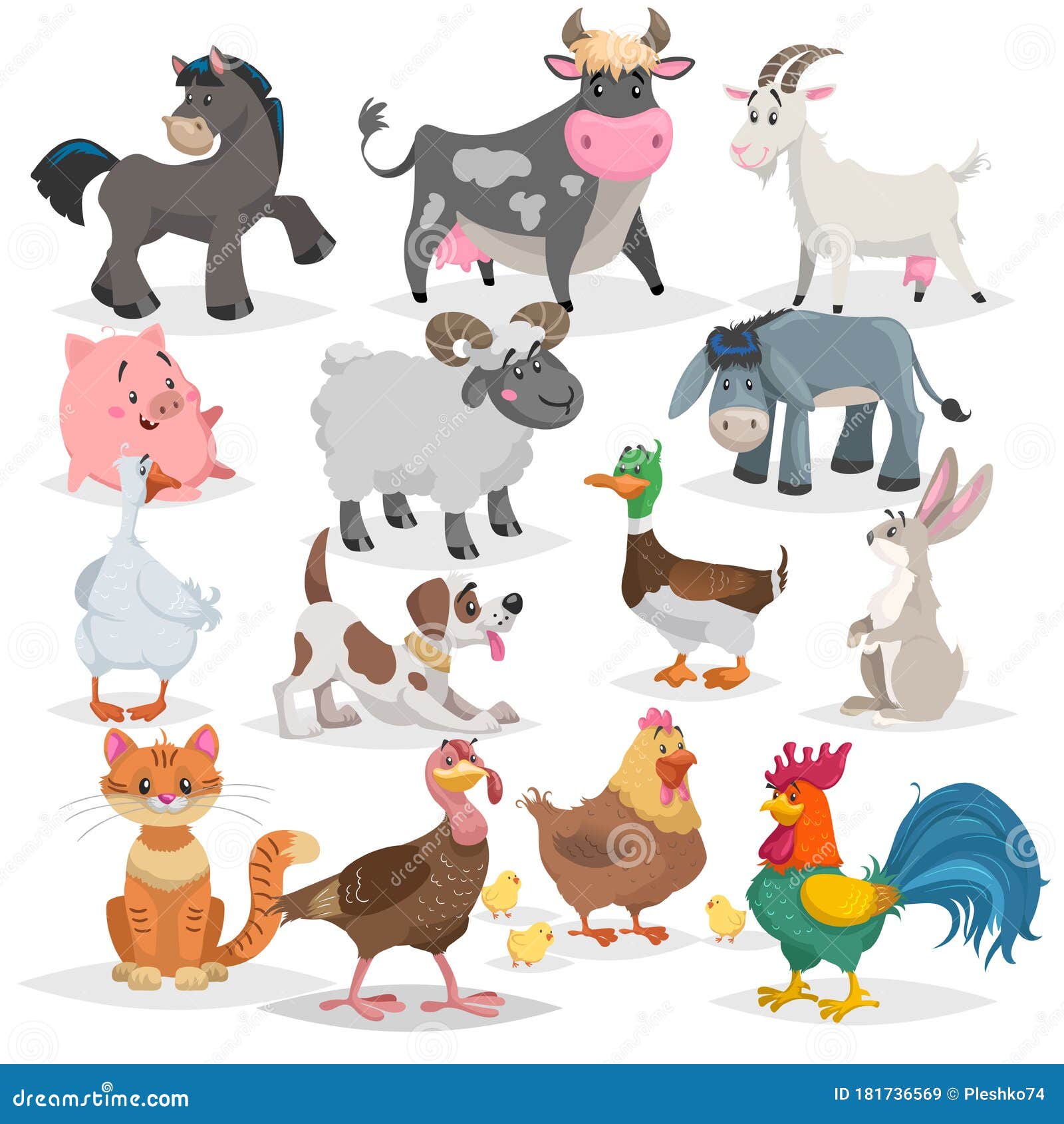 Cute Farm Animals Set. Collection of Cartoon Vector Drawings in Flat Style  Stock Vector - Illustration of flat, colorful: 181736569