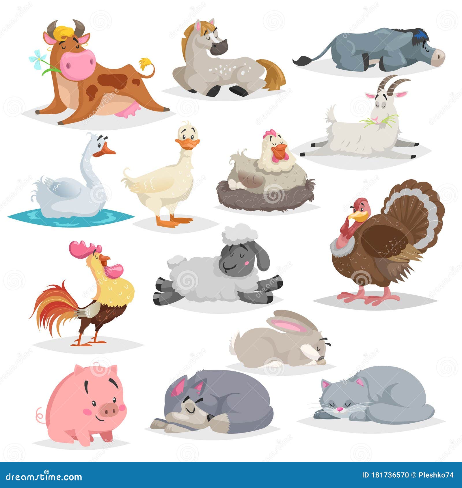 Cute farm animals set. Collection of cartoon vector drawings in flat style. Donkey, goat, horse, sheep, pig, cow, turkey, duck, rooster and hen, goose, dog, cat, rabbit. Various poses. Sleeping animals. Isolated on white background.