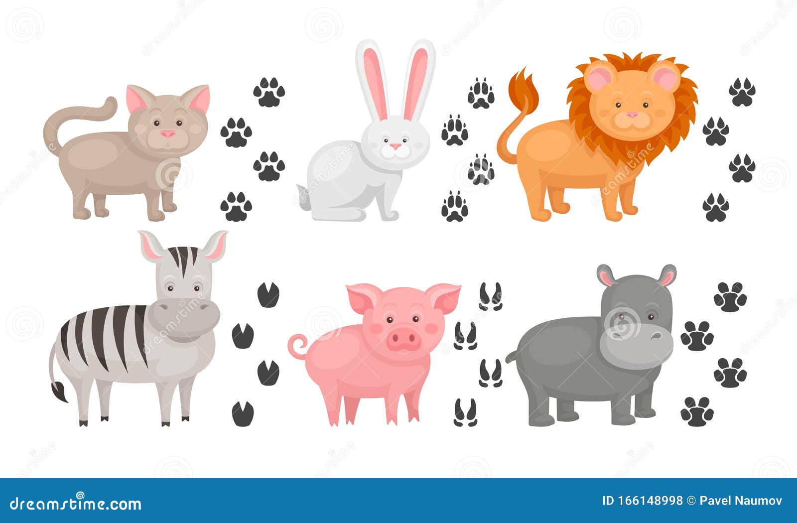 Cute Farm and Wild Animals and Their Paw Fingerprints Collection, Cat,  Hare, Lion, Zebra, Pig, Hippo Vector Illustration Stock Vector -  Illustration of foot, happy: 166148998