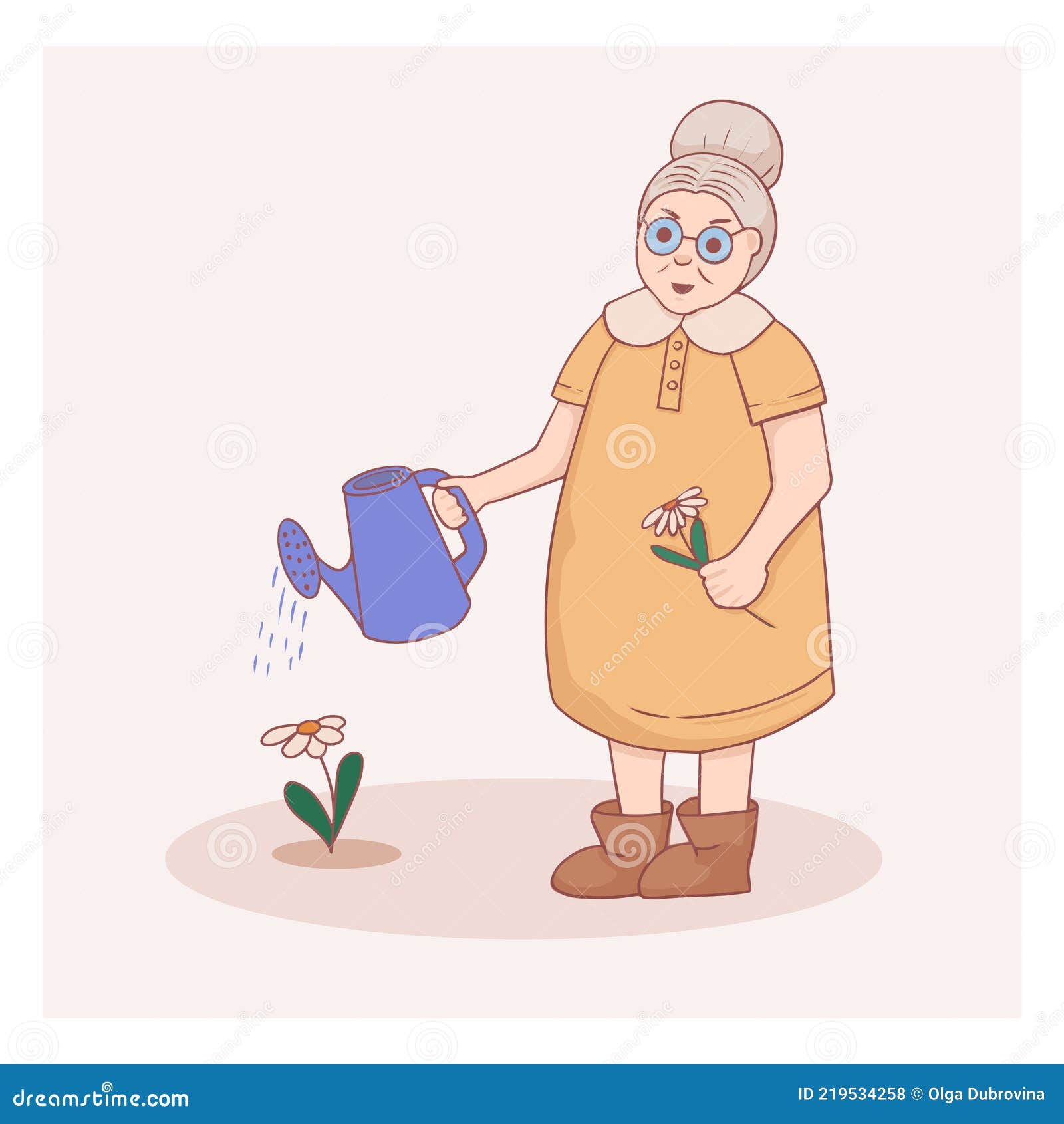 Cute Female Character. Grandmother with a Watering Can is Watering a ...
