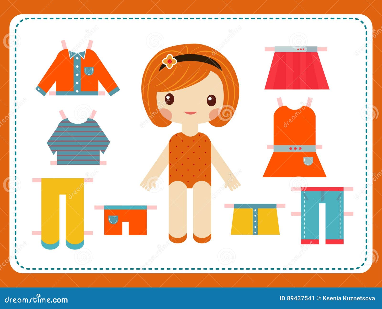 Cute Female Paper Doll with the Variety of Bright Colorful Clothes ...