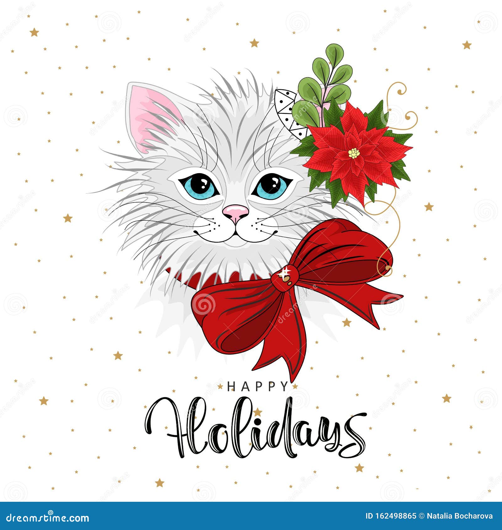 Cute festive cat with the inscription Happy Holidays.