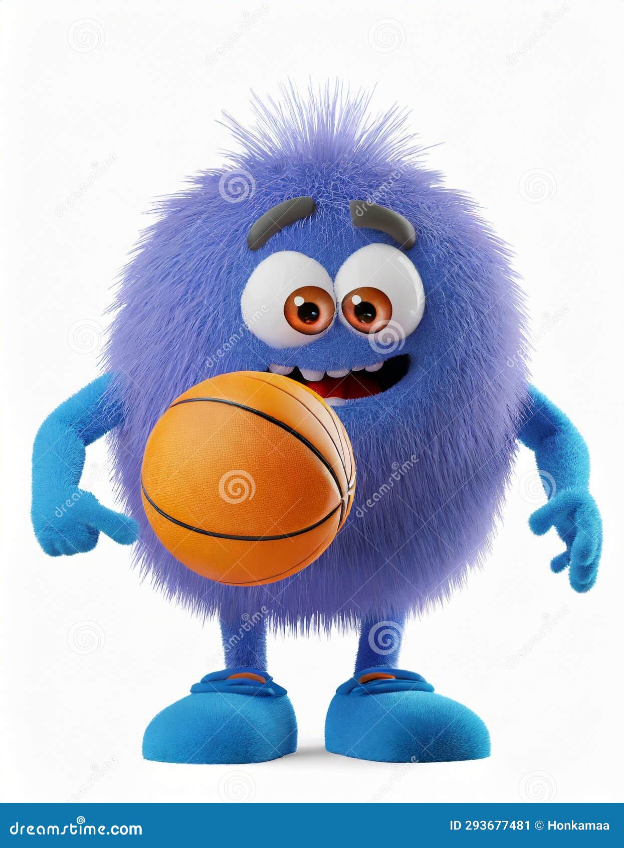 Cute Fluffy Ball Monster Playing Basketball Stock Illustration
