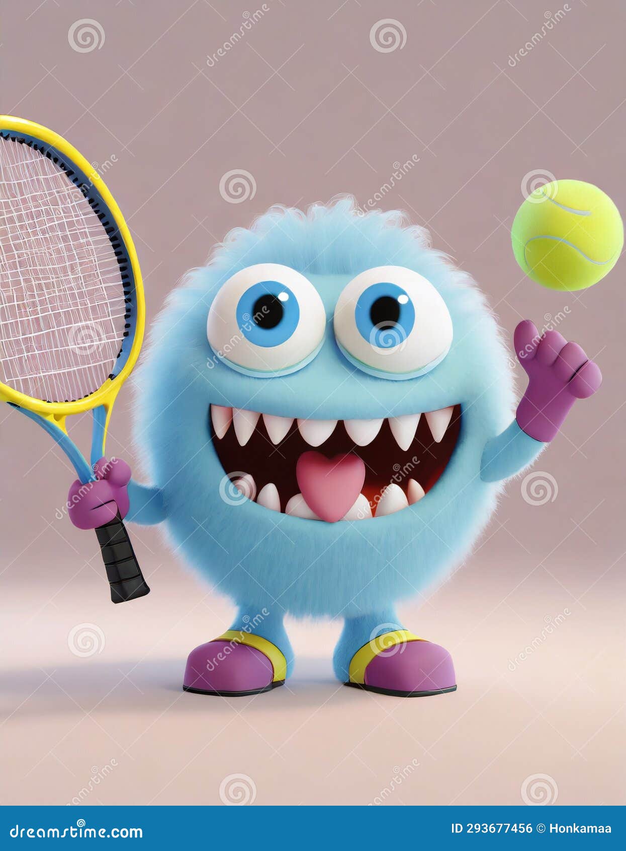 Cute Fluffy Ball Monster Playing Tennis Stock Illustration