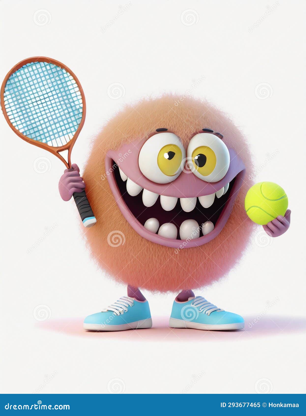 Cute Fluffy Ball Monster Playing Tennis Stock Illustration