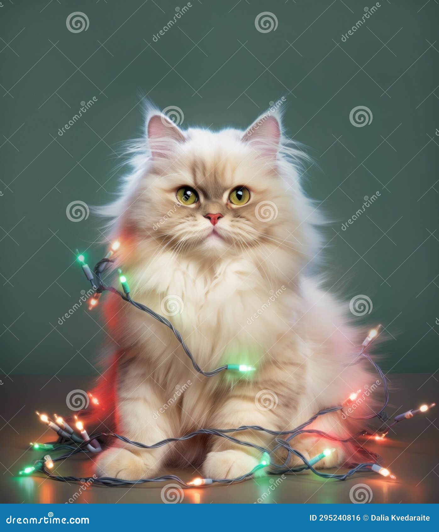 Cute Fluffy Cat Tangled in Christmas Lights Stock Illustration