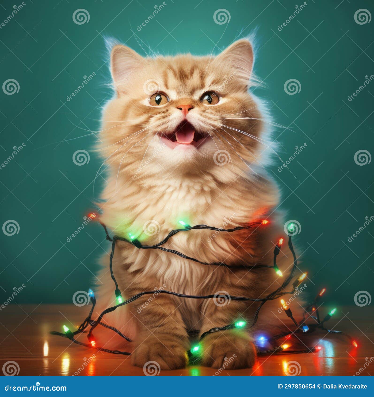 Cute Fluffy Cat Tangled in Christmas Lights Stock Illustration