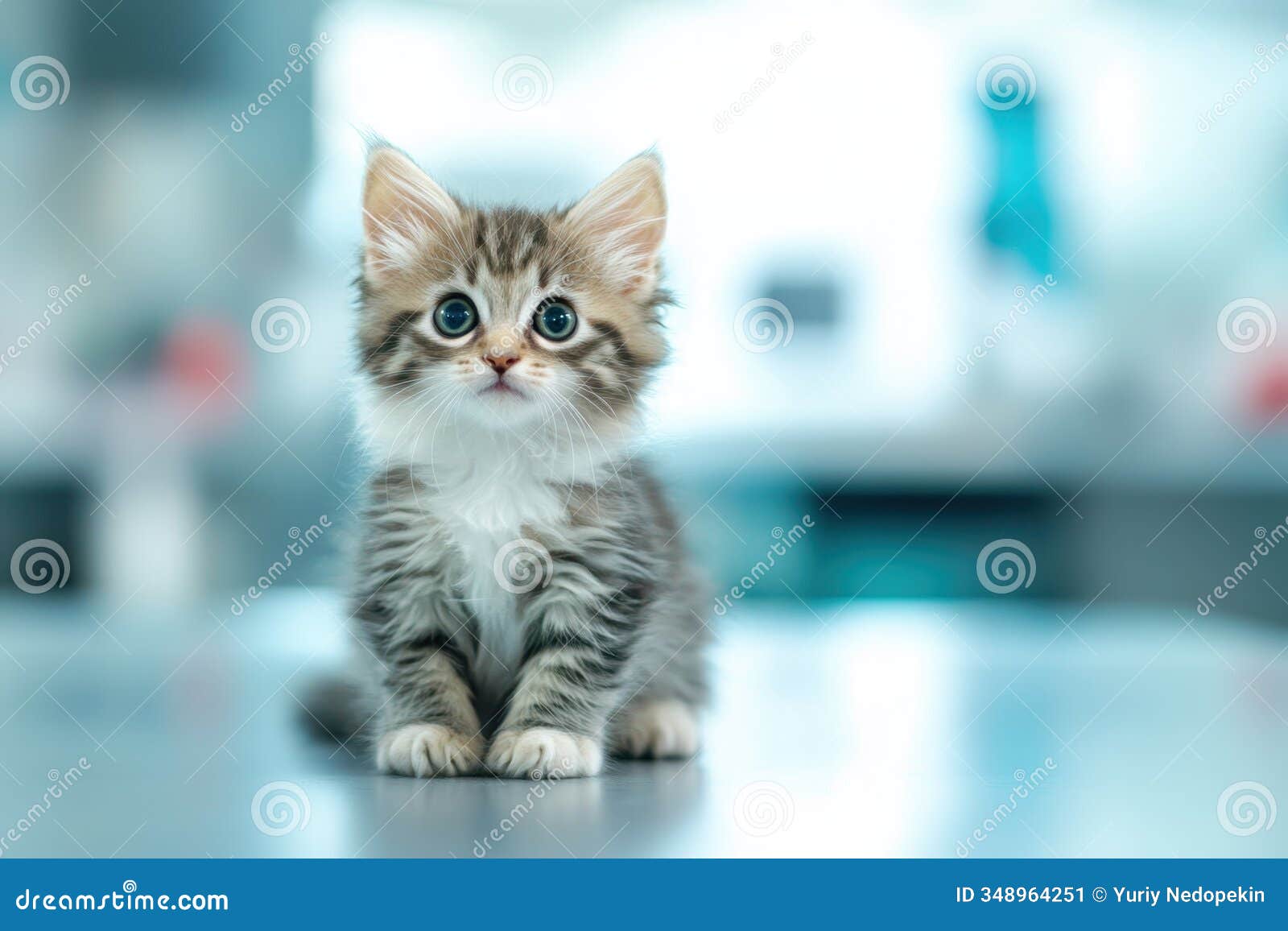 cute fluffy kitten with big eyes sitting on a countertop in a bright indoor space