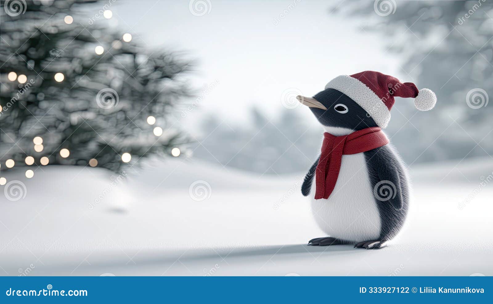 a cute, fluffy penguin dons a red scarf and white christmas hat, set against a snowy white backdrop, bringing holiday