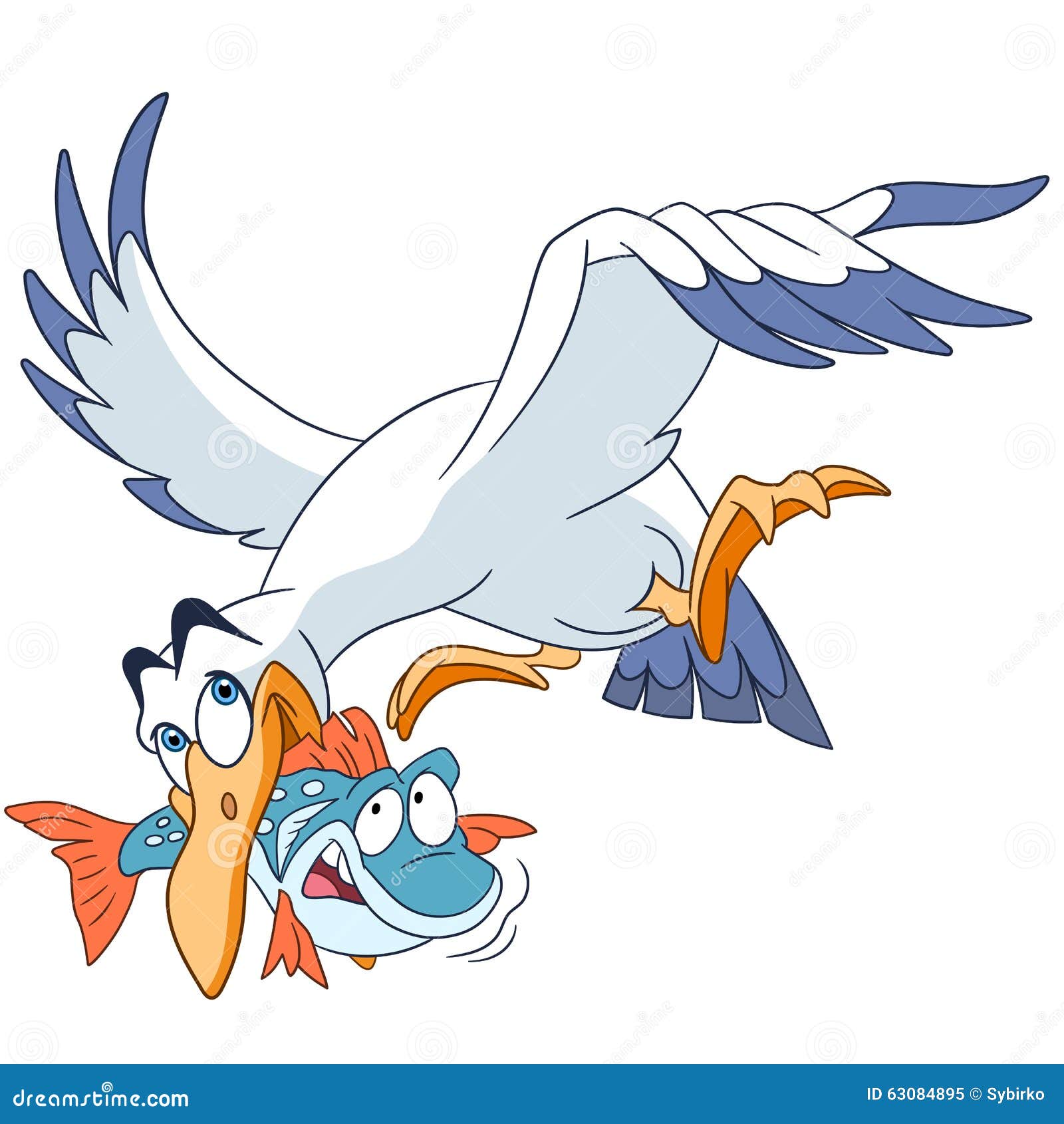 cute flying cartoon seagull with a fish