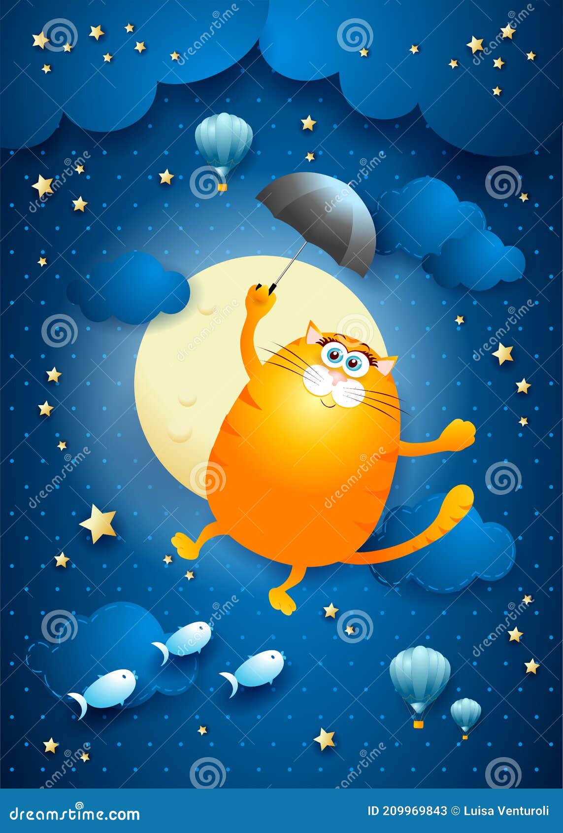 cute flying cat with umbrella on starry sky