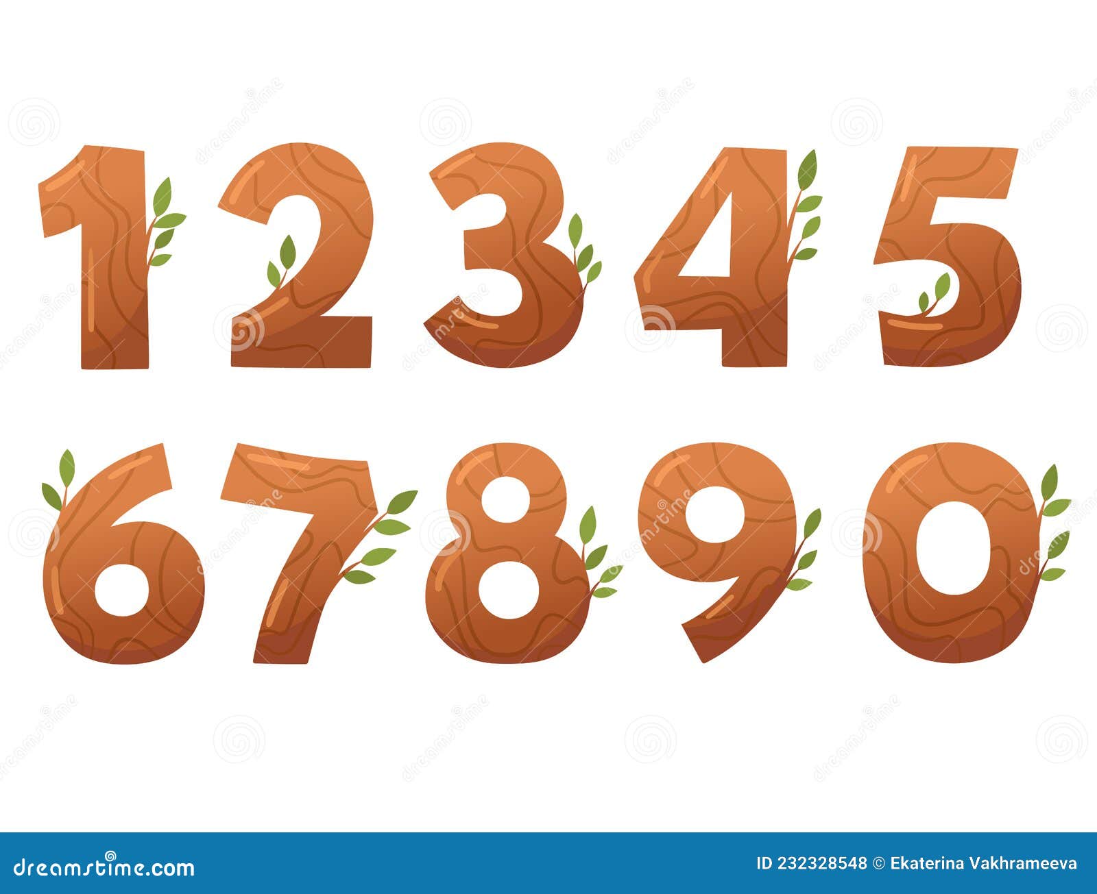 Cute Font of Numbers Wooden Style. Vector Isolates on a White