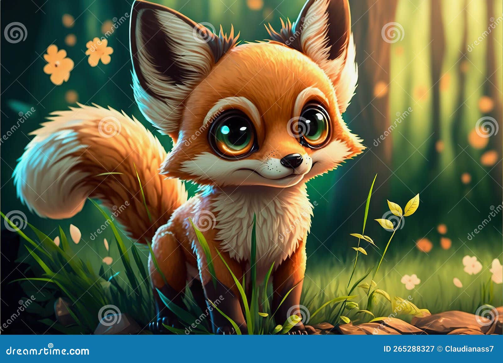 Cute Fox in a Green Spring Landscape, Ai Generated Illustration Stock Illustration