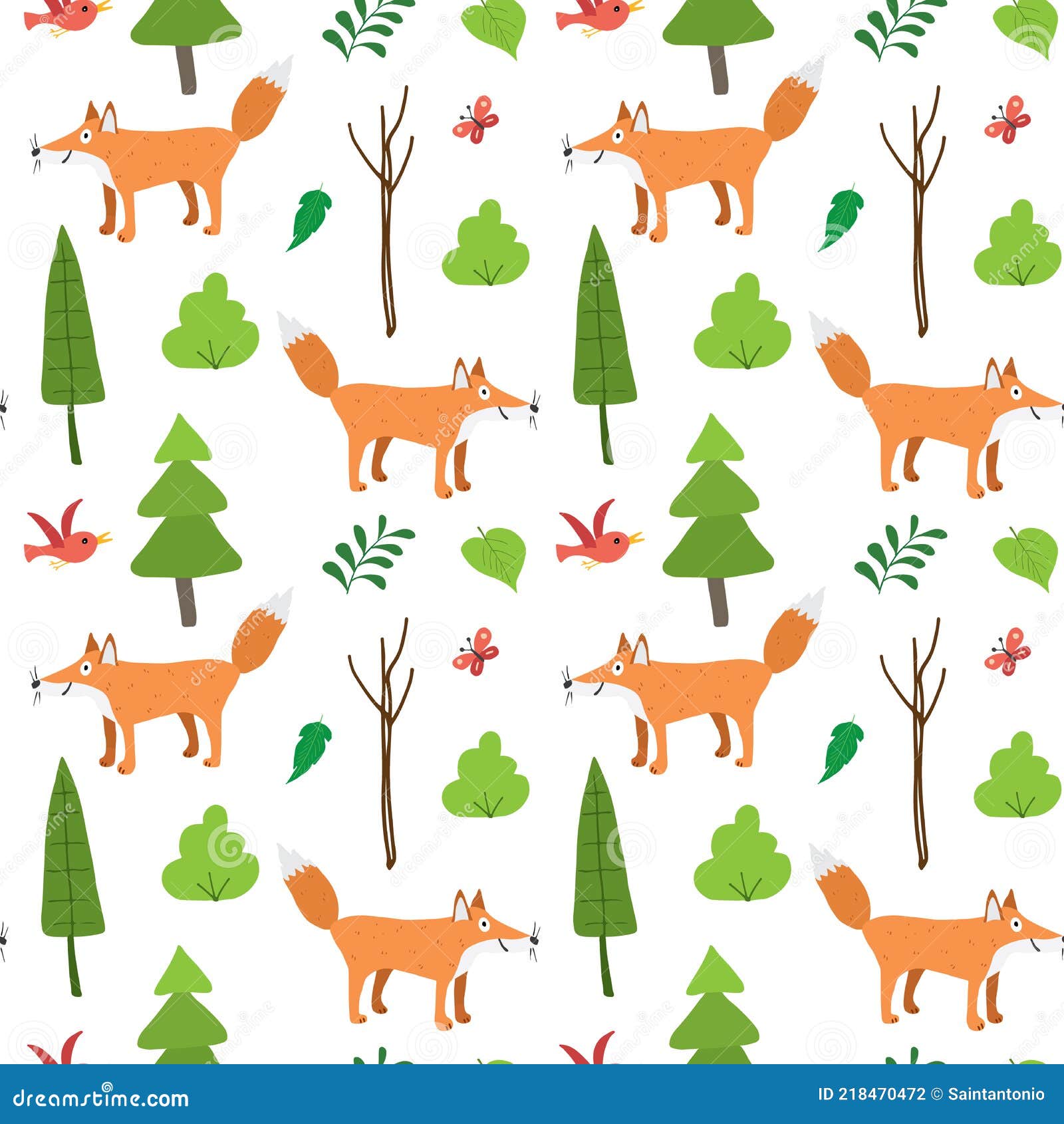 Cute Fox Seamless Pattern. Cartoon Animals in Forest Background Stock
