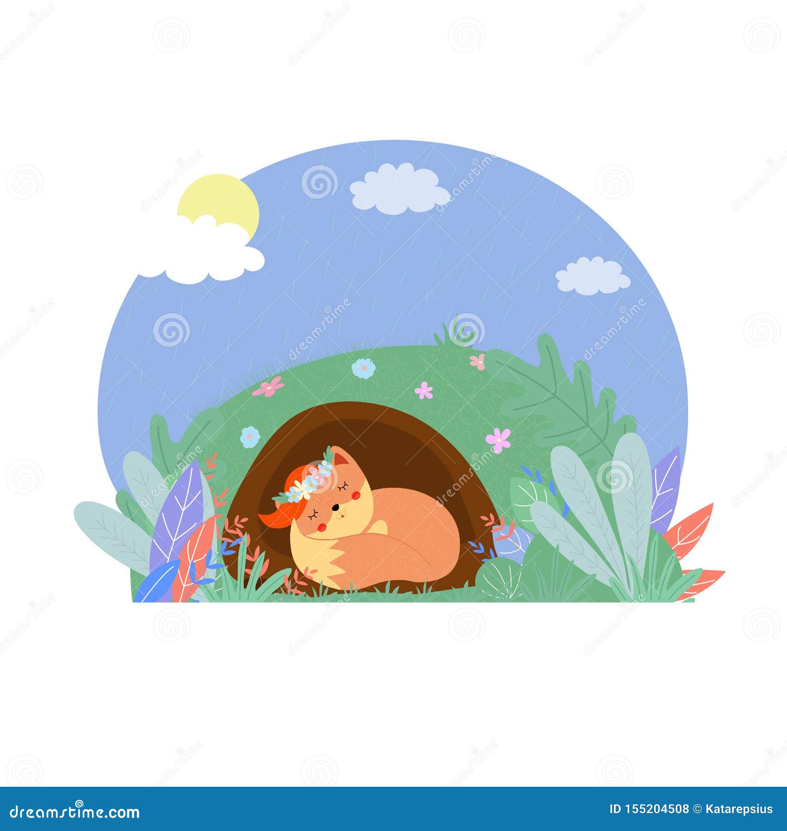 cute fox in wreath sleep in hole at sunny day